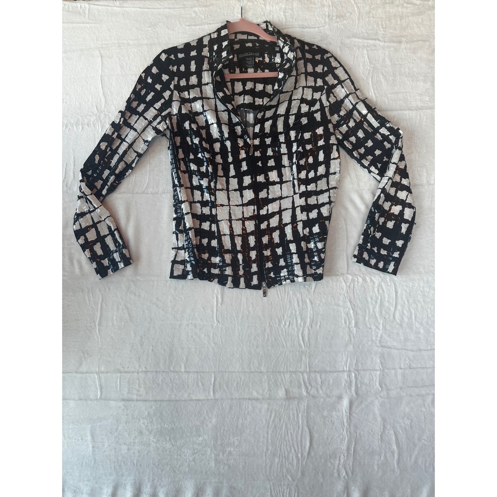 Frank Lyman Design Black White Abstract Check Zip Up Jacket Women's Size 8
